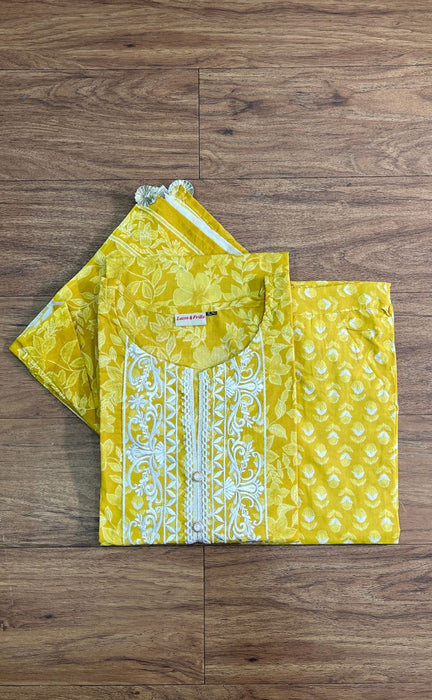 Yellow Embroidery Jaipur Cotton Kurti With Pant And Dupatta Set.