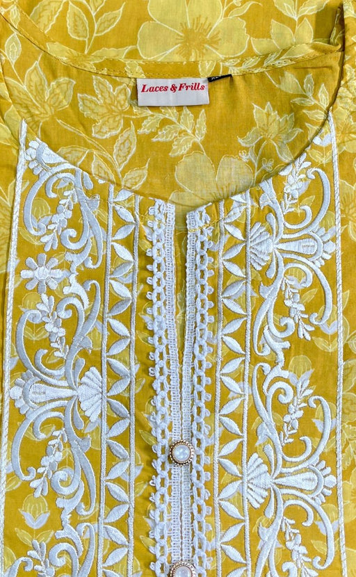 Yellow Embroidery Jaipur Cotton Kurti With Pant And Dupatta Set.