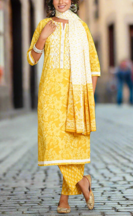 Yellow Embroidery Jaipur Cotton Kurti With Pant And Dupatta Set.