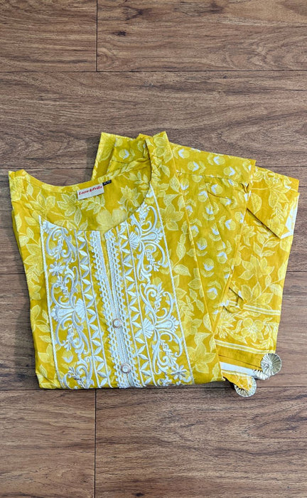 Yellow Embroidery Jaipur Cotton Kurti With Pant And Dupatta Set.