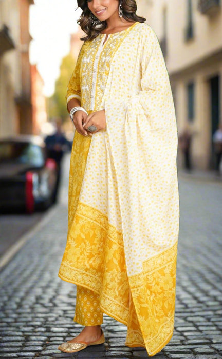 Yellow Embroidery Jaipur Cotton Kurti With Pant And Dupatta Set.