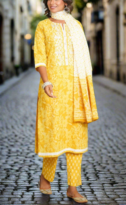 Yellow Embroidery Jaipur Cotton Kurti With Pant And Dupatta Set.