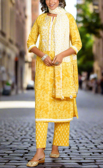 Yellow Embroidery Jaipur Cotton Kurti With Pant And Dupatta Set.