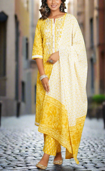 Yellow Embroidery Jaipur Cotton Kurti With Pant And Dupatta Set.