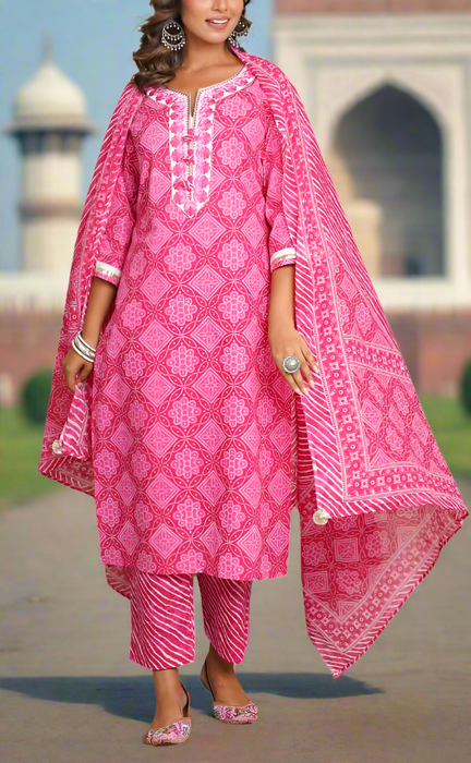 Pink Embroidery Jaipur Cotton Kurti With Pant And Dupatta Set.Pure Versatile Cotton. | Laces and Frills