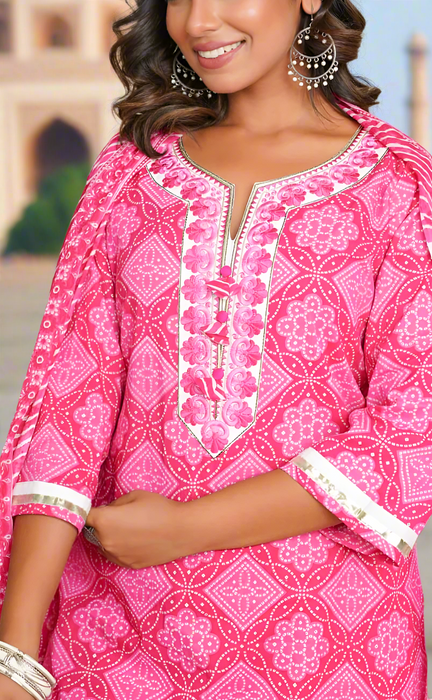 Pink Embroidery Jaipur Cotton Kurti With Pant And Dupatta Set.Pure Versatile Cotton. | Laces and Frills