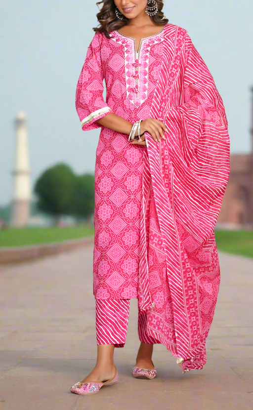 Pink Embroidery Jaipur Cotton Kurti With Pant And Dupatta Set.Pure Versatile Cotton. | Laces and Frills