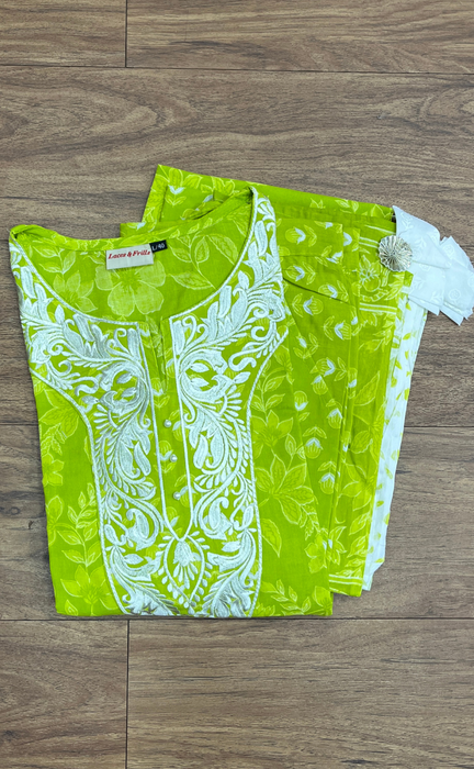 Arctic Lime Green Embroidery Jaipur Cotton Kurti With Pant And Dupatta Set.Pure Versatile Cotton. | Laces and Frills