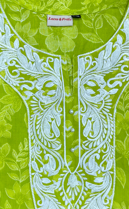 Arctic Lime Green Embroidery Jaipur Cotton Kurti With Pant And Dupatta Set.Pure Versatile Cotton. | Laces and Frills