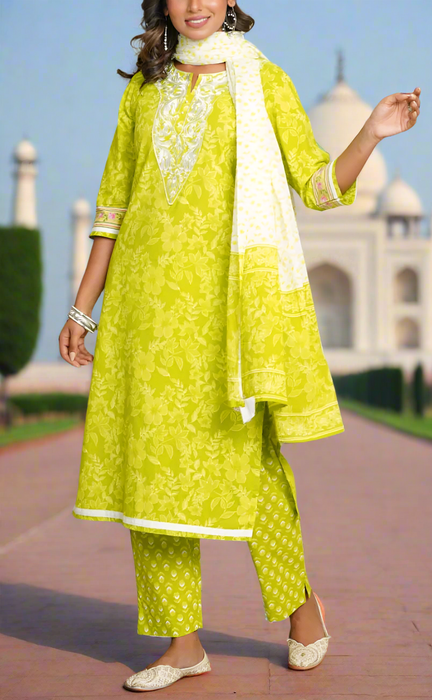 Arctic Lime Green Embroidery Jaipur Cotton Kurti With Pant And Dupatta Set.Pure Versatile Cotton. | Laces and Frills