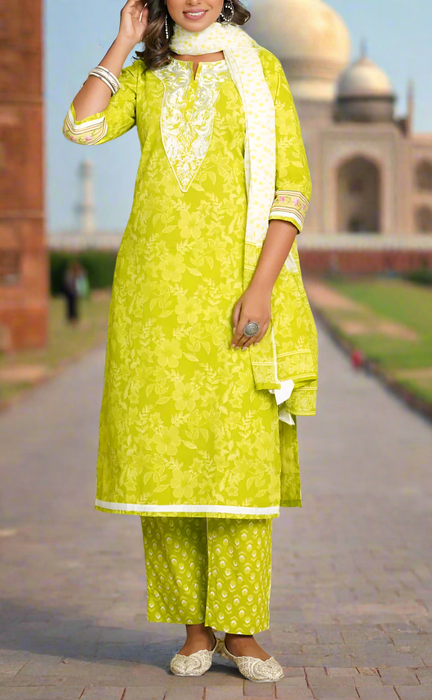 Arctic Lime Green Embroidery Jaipur Cotton Kurti With Pant And Dupatta Set.Pure Versatile Cotton. | Laces and Frills