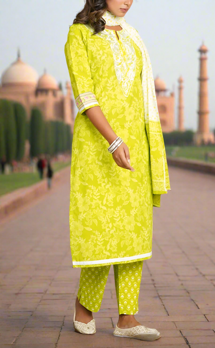 Arctic Lime Green Embroidery Jaipur Cotton Kurti With Pant And Dupatta Set.Pure Versatile Cotton. | Laces and Frills