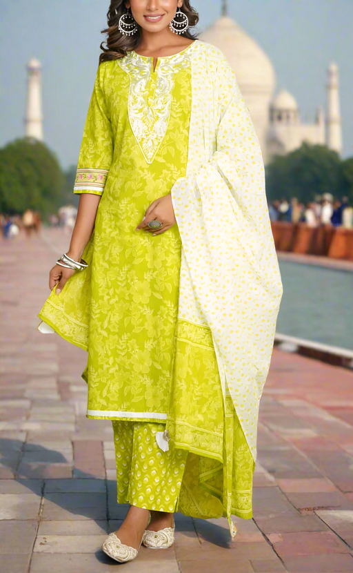 Arctic Lime Green Embroidery Jaipur Cotton Kurti With Pant And Dupatta Set.Pure Versatile Cotton. | Laces and Frills