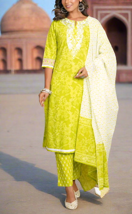 Arctic Lime Green Embroidery Jaipur Cotton Kurti With Pant And Dupatta Set.Pure Versatile Cotton. | Laces and Frills