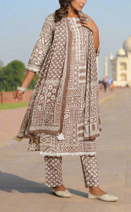 Brown Abstract Jaipur Cotton Kurti With Pant And Dupatta Set.Pure Versatile Cotton. | Laces and Frills