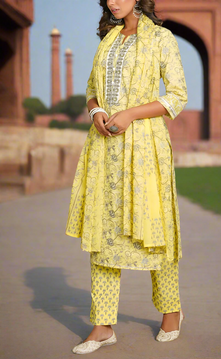 Yellow Garden Jaipur Cotton Kurti With Pant And Dupatta Set.Pure Versatile Cotton. | Laces and Frills