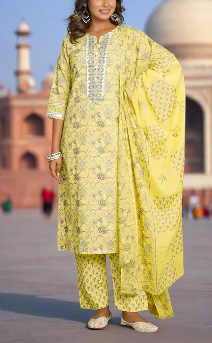 Yellow Garden Jaipur Cotton Kurti With Pant And Dupatta Set.Pure Versatile Cotton. | Laces and Frills