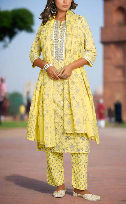 Yellow Garden Jaipur Cotton Kurti With Pant And Dupatta Set.Pure Versatile Cotton. | Laces and Frills