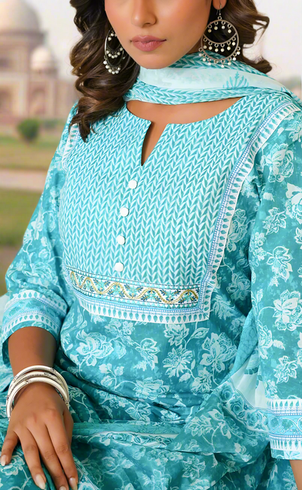 Blue Floral Jaipur Cotton Kurti With Pant And Dupatta Set.Pure Versatile Cotton. | Laces and Frills