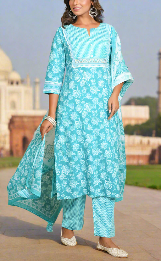 Blue Floral Jaipur Cotton Kurti With Pant And Dupatta Set.Pure Versatile Cotton. | Laces and Frills