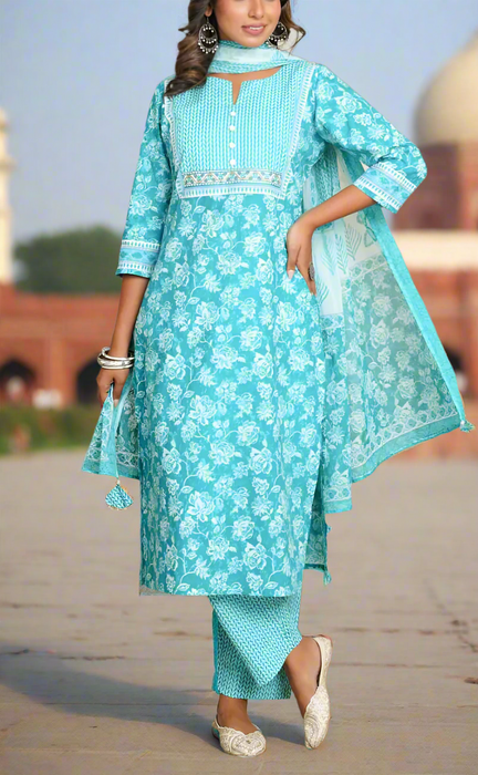 Blue Floral Jaipur Cotton Kurti With Pant And Dupatta Set.Pure Versatile Cotton. | Laces and Frills