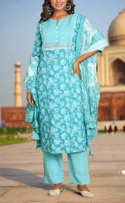 Blue Floral Jaipur Cotton Kurti With Pant And Dupatta Set.Pure Versatile Cotton. | Laces and Frills