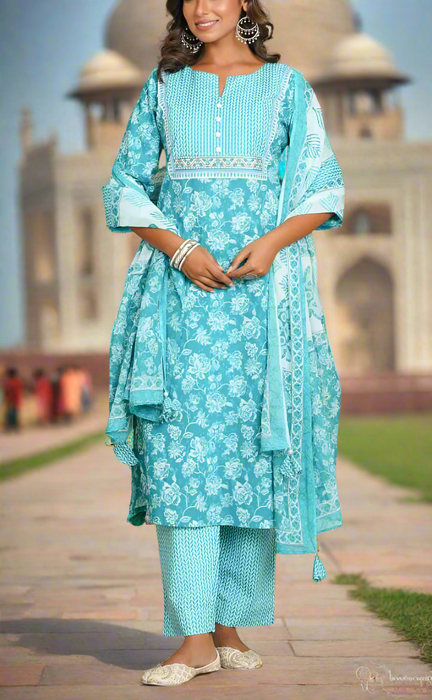 Blue Floral Jaipur Cotton Kurti With Pant And Dupatta Set.Pure Versatile Cotton. | Laces and Frills