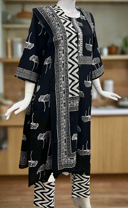 Black Leafy Jaipur Cotton Kurti With Pant And Dupatta Set.Pure Versatile Cotton. | Laces and Frills