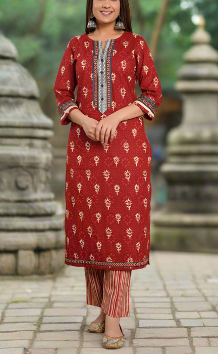 Maroon Floral Jaipur Cotton Kurti With Pant And Dupatta Set.Pure Versatile Cotton. | Laces and Frills