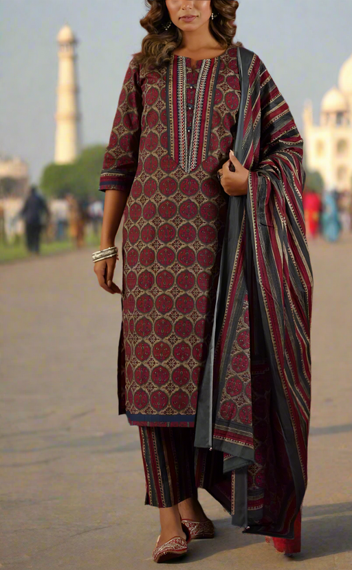 Beige/Maroon Ajrakh Print Cotton Kurti With Pant And Dupatta Set. Pure Versatile Cotton. | Laces and Frills