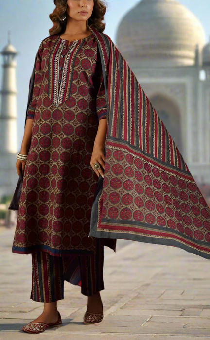 Beige/Maroon Ajrakh Print Cotton Kurti With Pant And Dupatta Set. Pure Versatile Cotton. | Laces and Frills