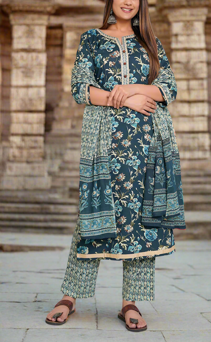 Navy Blue Garden Cotton Kurti With Pant And Dupatta Set.Pure Versatile Cotton. | Laces and Frills