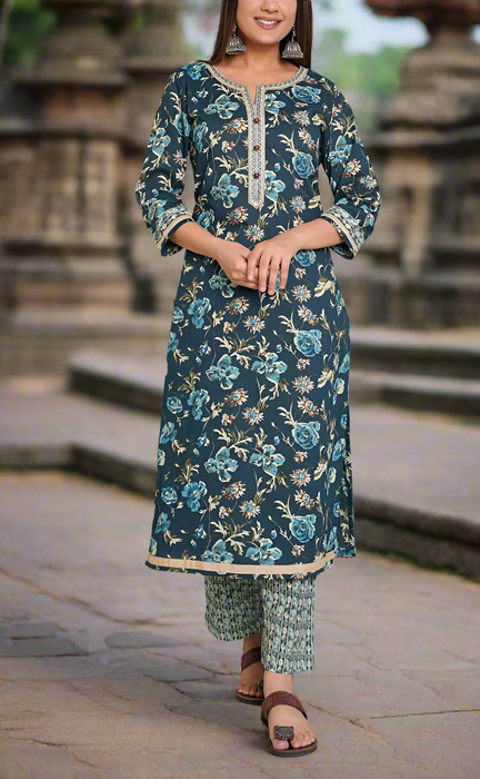 Navy Blue Garden Cotton Kurti With Pant And Dupatta Set.Pure Versatile Cotton. | Laces and Frills