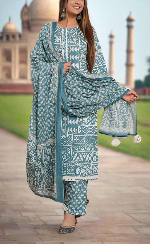 Grace Blue Abstract Cotton Kurti With Pant And Dupatta Set.Pure Versatile Cotton. | Laces and Frills