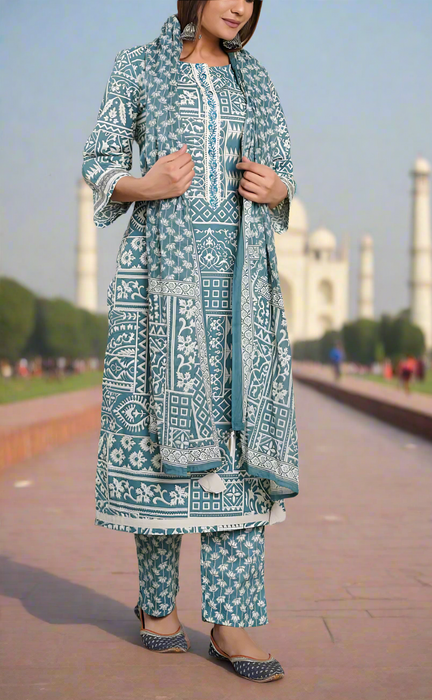 Grace Blue Abstract Cotton Kurti With Pant And Dupatta Set.Pure Versatile Cotton. | Laces and Frills