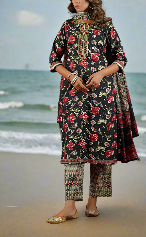 Black Garden Jaipur Cotton Kurti With Pant And Dupatta Set.Pure Versatile Cotton. | Laces and Frills