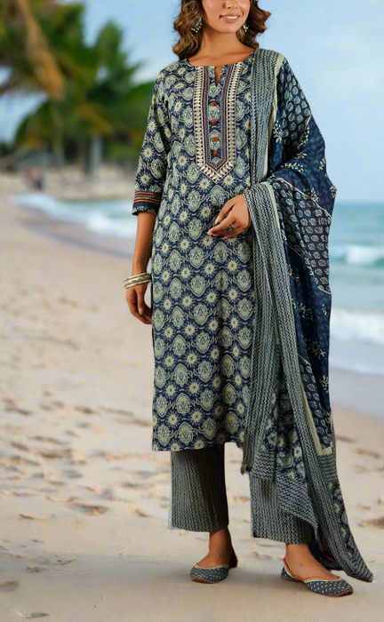 Indigo Blue Garden Cotton Kurti With Pant And Dupatta Set.Pure Versatile Cotton. | Laces and Frills