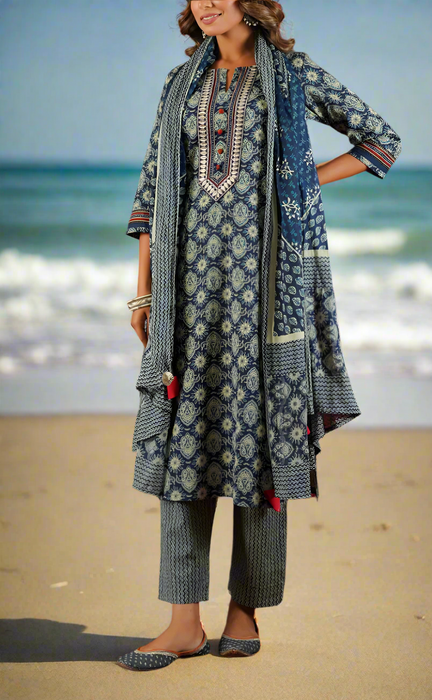 Indigo Blue Garden Cotton Kurti With Pant And Dupatta Set.Pure Versatile Cotton. | Laces and Frills