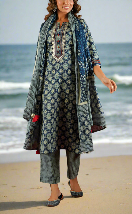 Indigo Blue Garden Cotton Kurti With Pant And Dupatta Set.Pure Versatile Cotton. | Laces and Frills