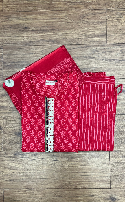 Red Floral Cotton Kurti With Pant And Dupatta Set. Pure Versatile Cotton. | Laces and Frills