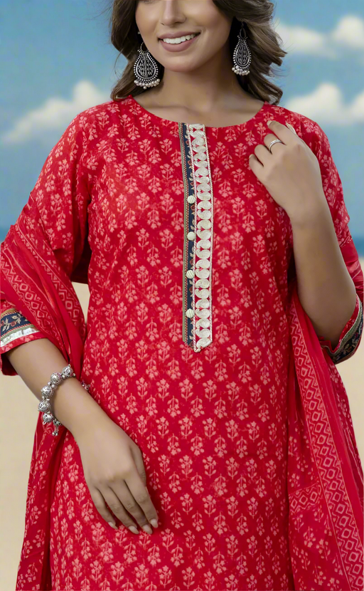 Red Floral Cotton Kurti With Pant And Dupatta Set. Pure Versatile Cotton. | Laces and Frills