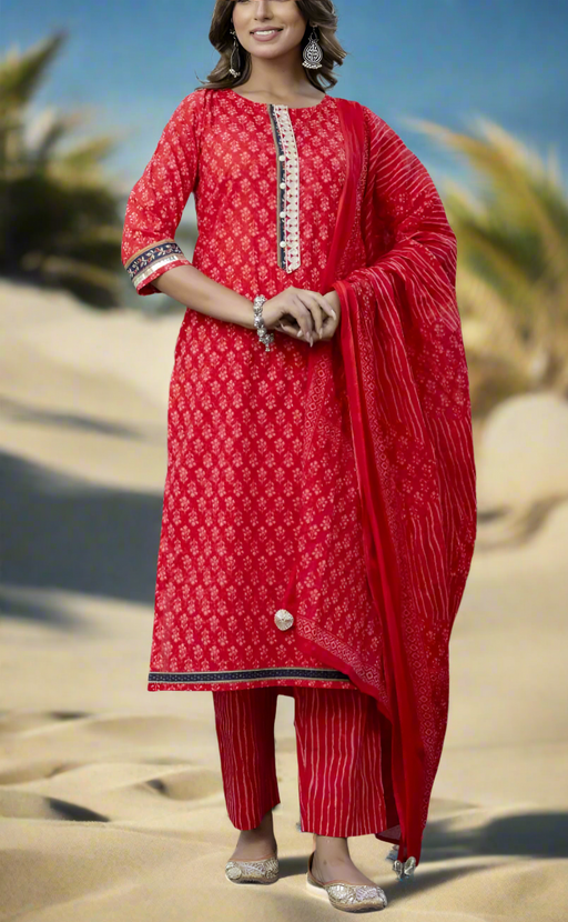 Red Floral Cotton Kurti With Pant And Dupatta Set. Pure Versatile Cotton. | Laces and Frills