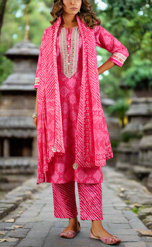 Rani Pink Bandini Cotton Kurti With Pant And Dupatta Set. Pure Versatile Cotton. | Laces and Frills