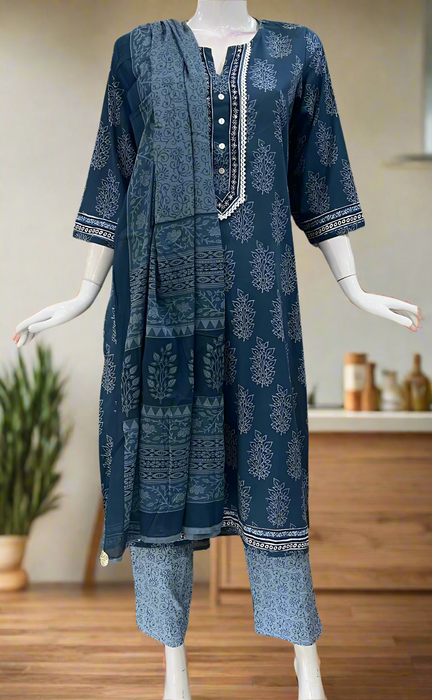 Indigo Blue Leafy Cotton Kurti With Pant And Dupatta Set. Pure Versatile Cotton. | Laces and Frills