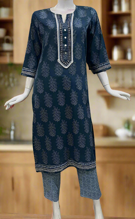 Indigo Blue Leafy Cotton Kurti With Pant And Dupatta Set. Pure Versatile Cotton. | Laces and Frills