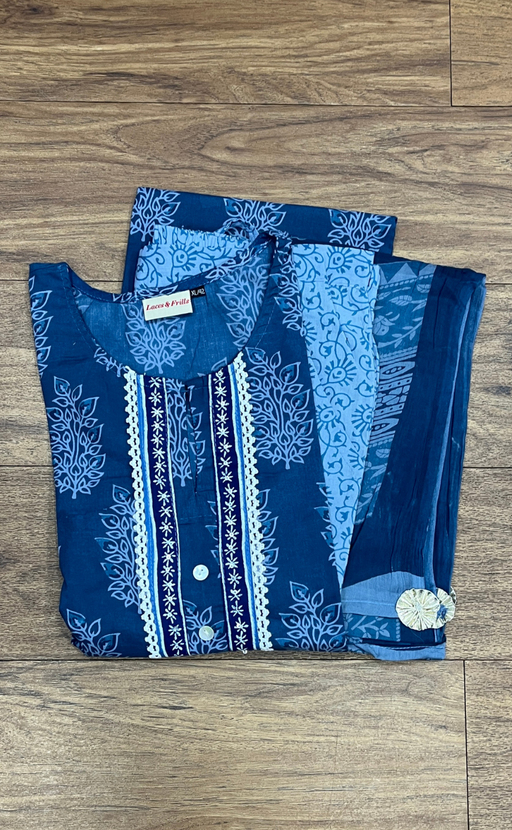 Indigo Blue Leafy Cotton Kurti With Pant And Dupatta Set. Pure Versatile Cotton. | Laces and Frills