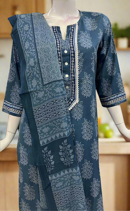 Indigo Blue Leafy Cotton Kurti With Pant And Dupatta Set. Pure Versatile Cotton. | Laces and Frills