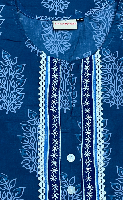 Indigo Blue Leafy Cotton Kurti With Pant And Dupatta Set. Pure Versatile Cotton. | Laces and Frills