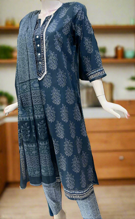 Indigo Blue Leafy Cotton Kurti With Pant And Dupatta Set. Pure Versatile Cotton. | Laces and Frills