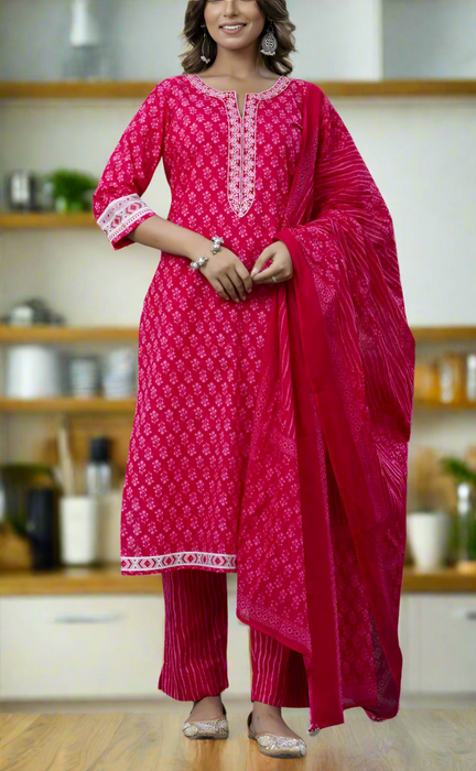 Pink Floral Jaipur Cotton Kurti With Pant And Dupatta Set. Pure Versatile Cotton. | Laces and Frills